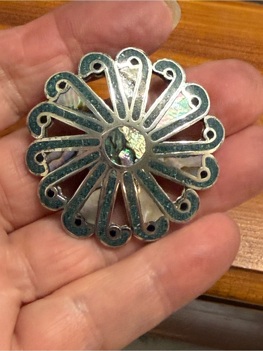 Vintage Taxco Mexico Sterling Silver 925 Pendant Pin Abalone Turquoise Inlay